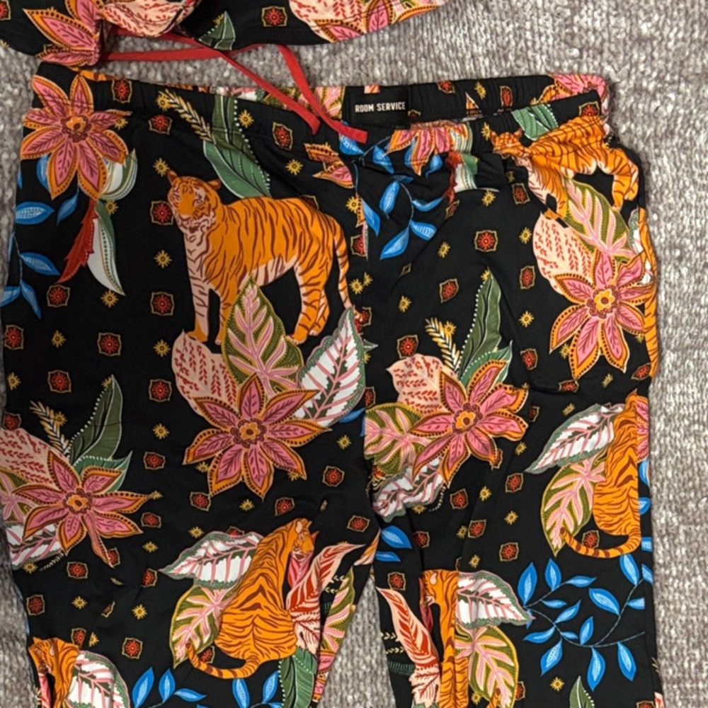 Room Service Shawl Collar Floral Tiger Print Pajama Set - Picture 4 of 6